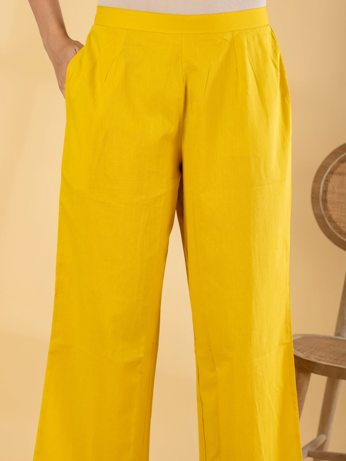 Yellow cotton silk yoke kurti set with beadwork detailing
