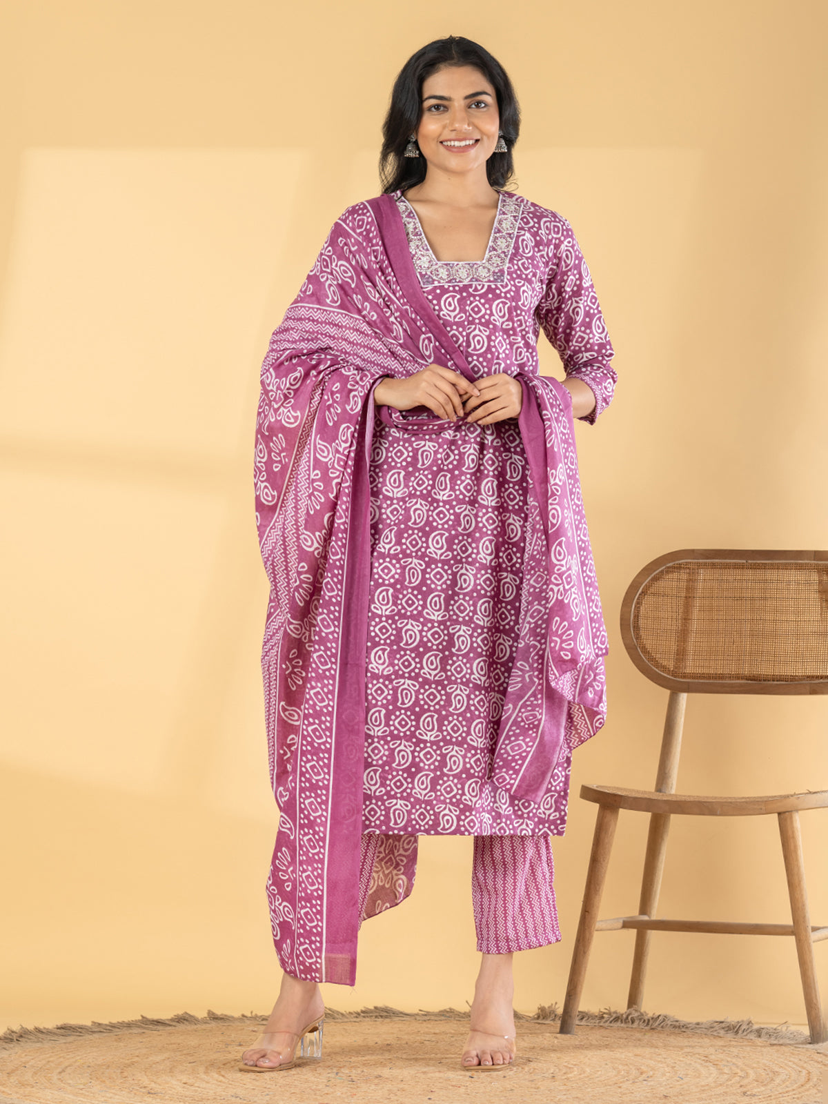 Purple silk straight cut printed kurti set with dupatta