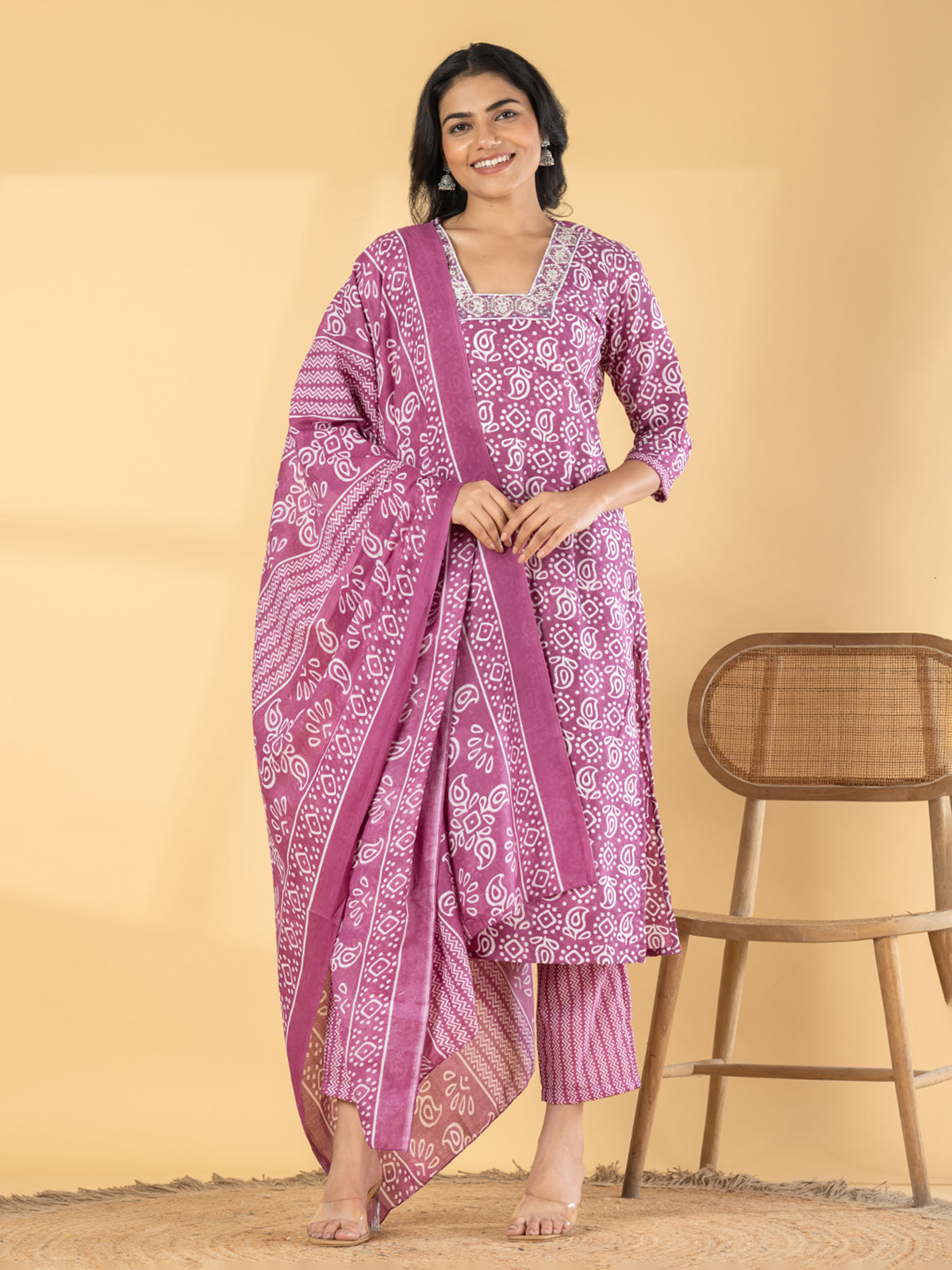 Purple silk straight cut printed kurti set with dupatta