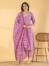 Purple silk straight cut printed kurti set with dupatta