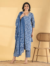 Blue silk straight cut printed kurti set with dupatta