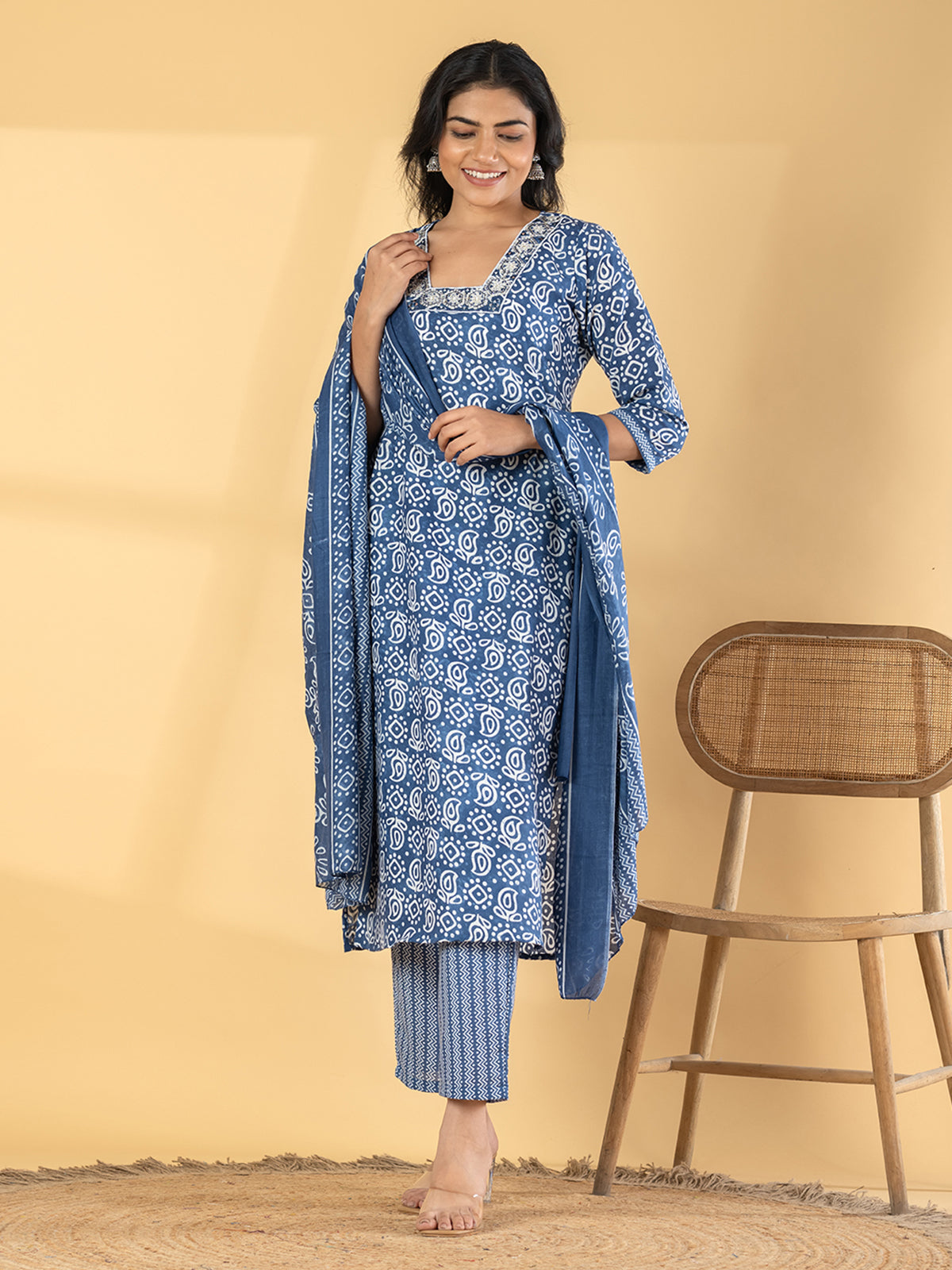 Blue silk straight cut printed kurti set with dupatta