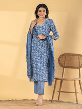 Blue silk straight cut printed kurti set with dupatta
