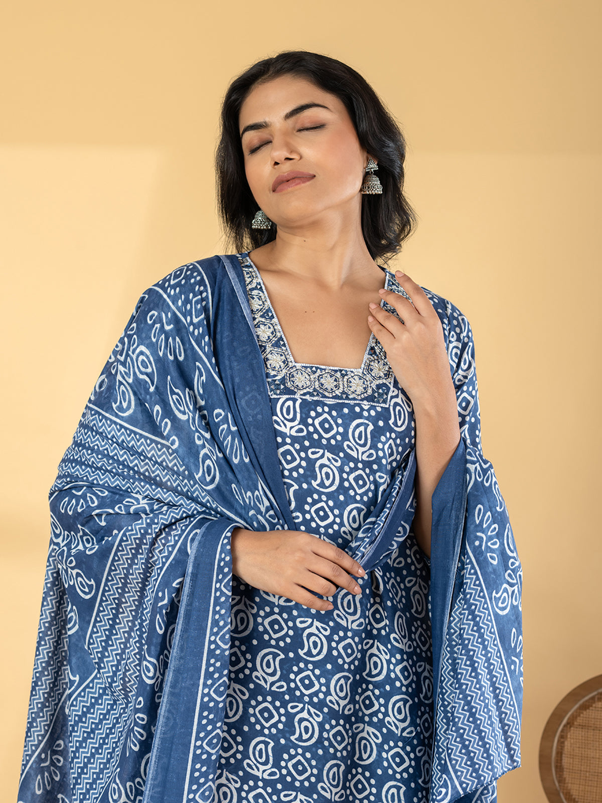 Blue silk straight cut printed kurti set with dupatta