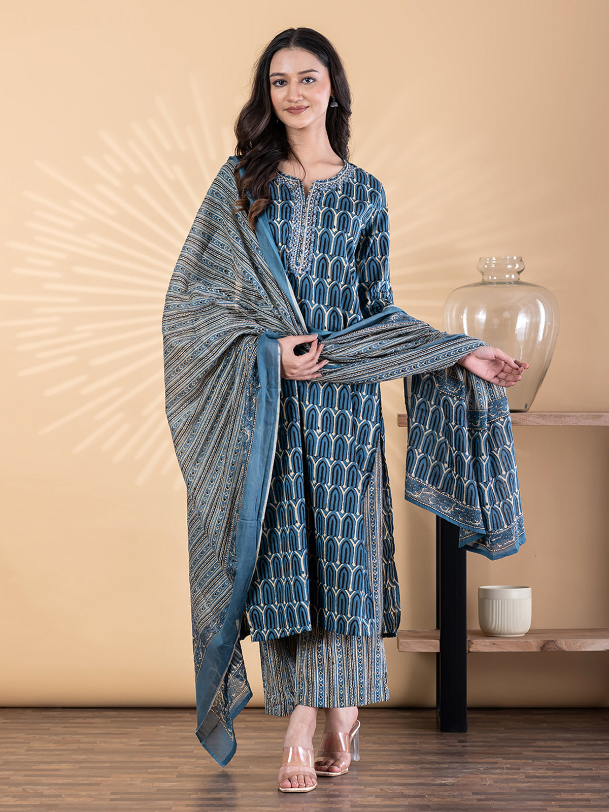 Blue silk kurti palazzo set with aabla work