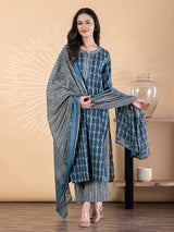 Blue silk kurti palazzo set with aabla work