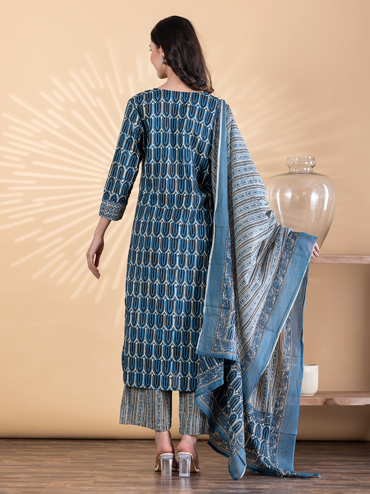 Blue silk kurti palazzo set with aabla work