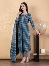Blue silk kurti palazzo set with aabla work