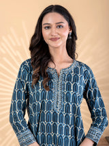 Blue silk kurti palazzo set with aabla work