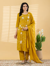 Mustard yellow linen kurti set with thread and bead work