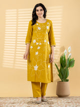 Mustard yellow linen kurti set with thread and bead work
