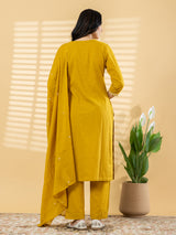 Mustard yellow linen kurti set with thread and bead work
