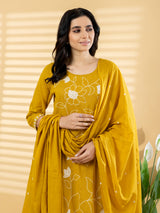 Mustard yellow linen kurti set with thread and bead work