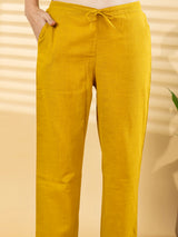 Mustard yellow linen kurti set with thread and bead work