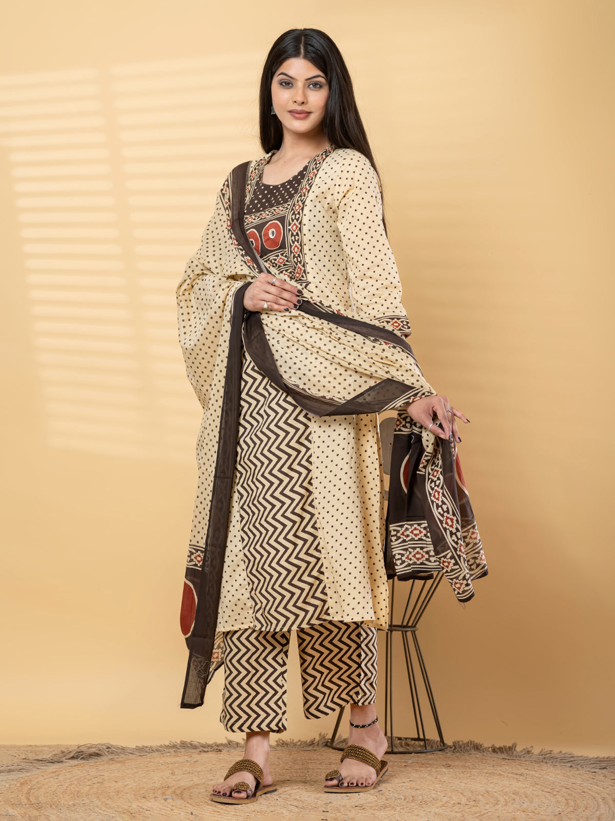 Cream brown cotton yoke kurti palazzo set with aabla