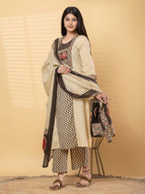 Cream brown cotton yoke kurti palazzo set with aabla