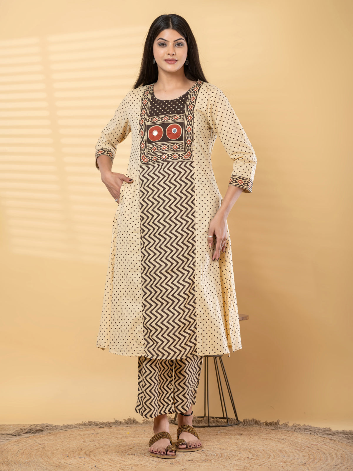 Cream brown cotton yoke kurti palazzo set with aabla