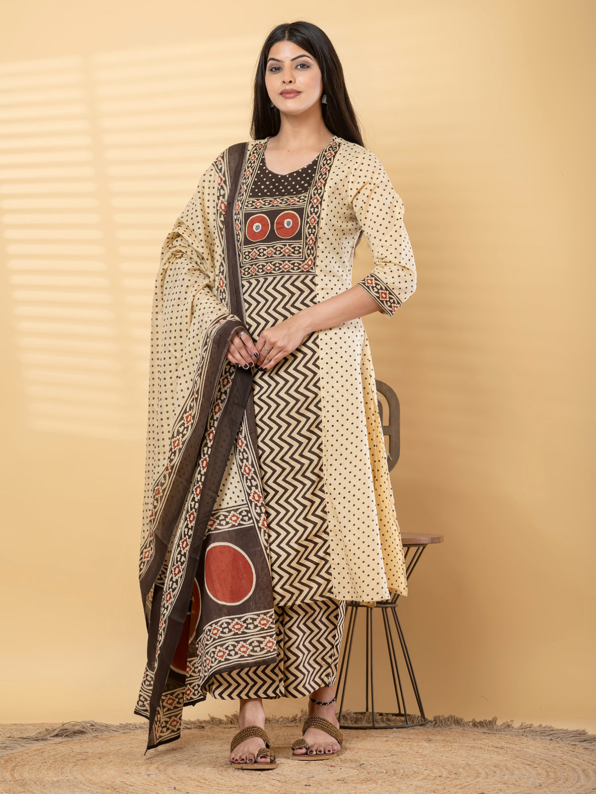 Cream brown cotton yoke kurti palazzo set with aabla