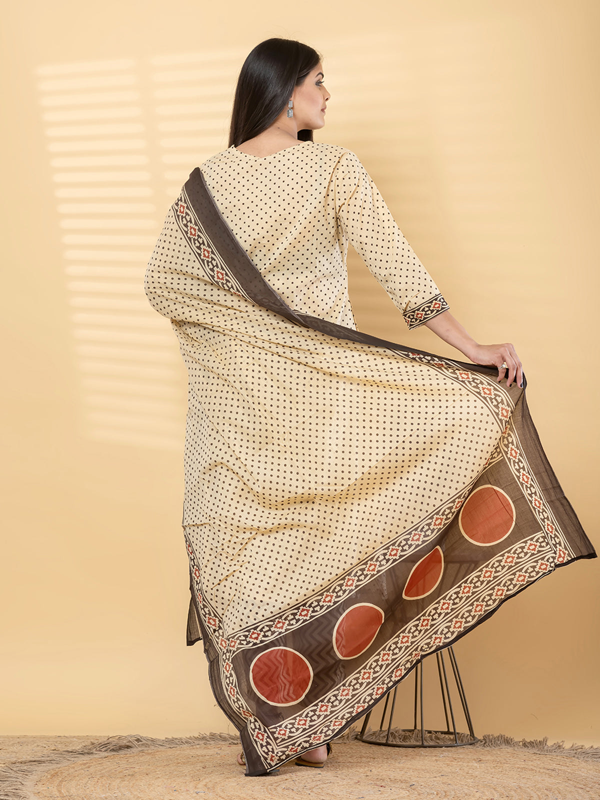 Cream brown cotton yoke kurti palazzo set with aabla