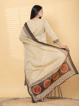 Cream brown cotton yoke kurti palazzo set with aabla