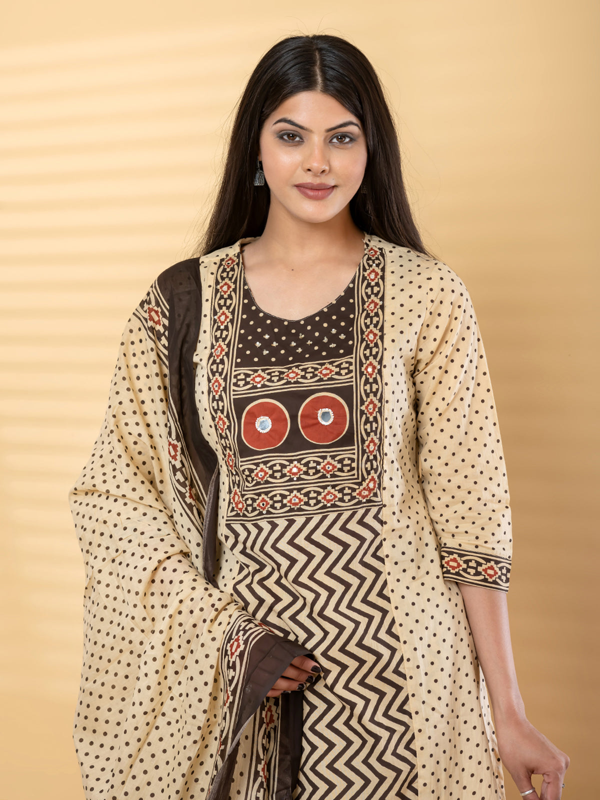 Cream brown cotton yoke kurti palazzo set with aabla