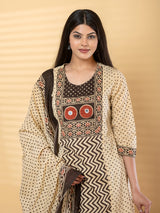 Cream brown cotton yoke kurti palazzo set with aabla