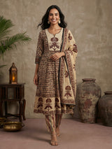 Beige maroon cotton silk yoke kurti set with thread work
