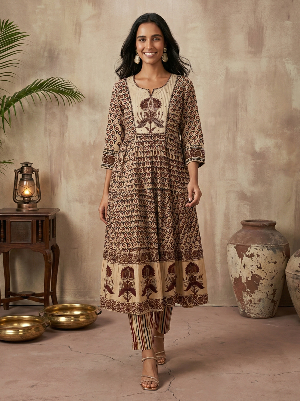 Beige maroon cotton silk yoke kurti set with thread work