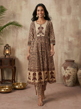 Beige maroon cotton silk yoke kurti set with thread work