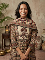 Beige maroon cotton silk yoke kurti set with thread work