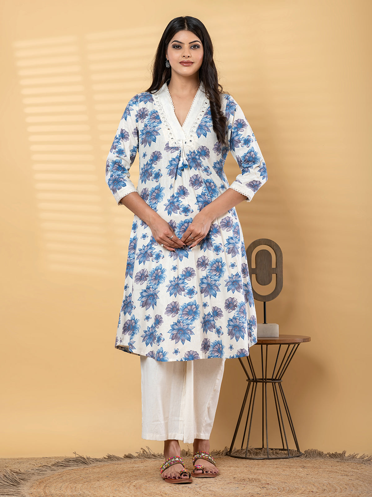 White cotton linen floral kurti palazzo set with aabla work
