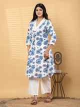 White cotton linen floral kurti palazzo set with aabla work