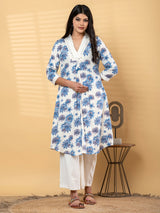 White cotton linen floral kurti palazzo set with aabla work