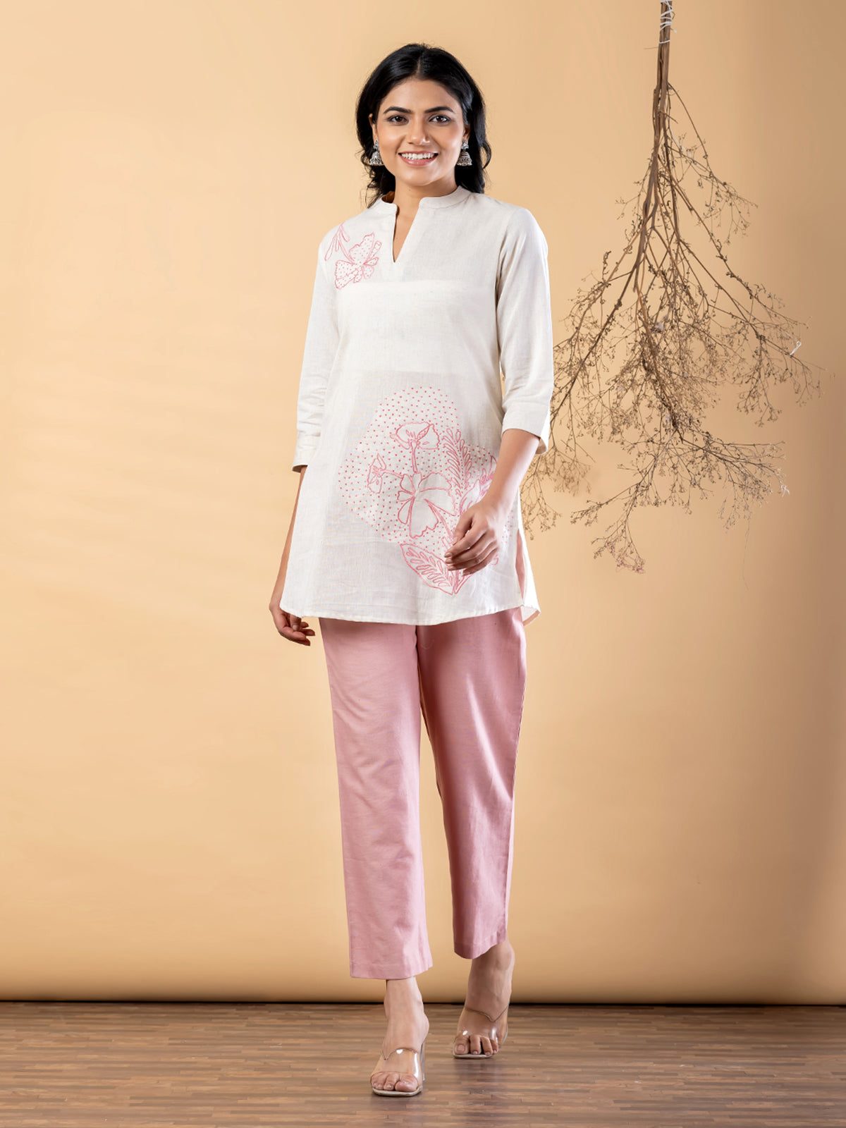 White pink cotton embroidered motif casual co ord set