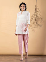White pink cotton embroidered motif casual co ord set