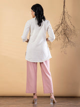 White pink cotton embroidered motif casual co ord set