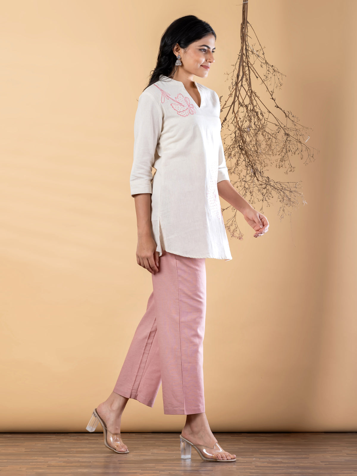 White pink cotton embroidered motif casual co ord set