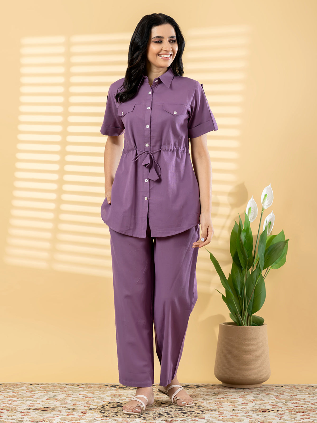 Purple cotton casual co ord set with collar neck