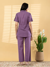 Purple cotton casual co ord set with collar neck