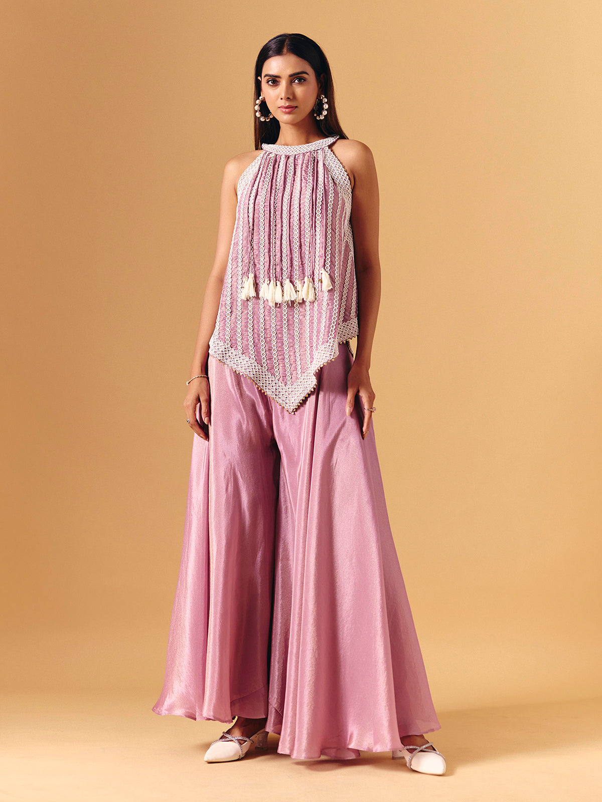 Pink satin silk palazzo suit with gota tassel accents