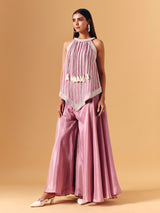 Pink satin silk palazzo suit with gota tassel accents