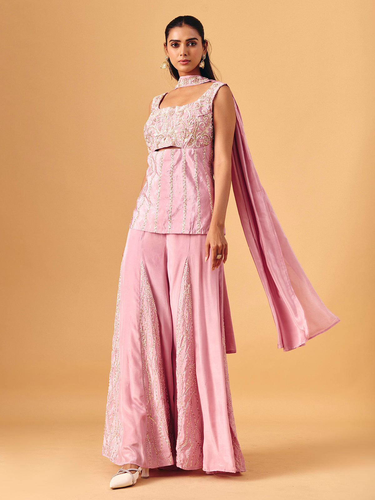 Light pink chinon silk palazzo suit with sequin work