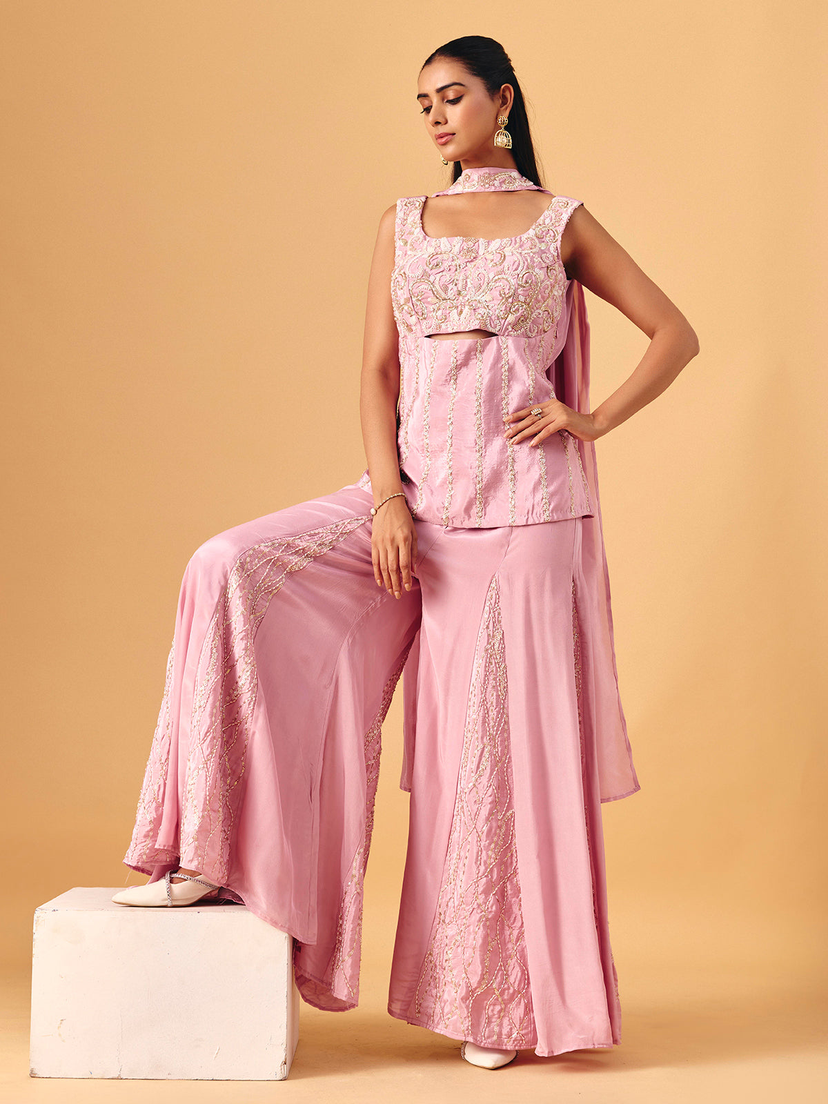 Light pink chinon silk palazzo suit with sequin work
