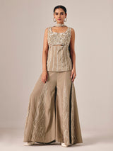 Dark beige chinon silk palazzo suit with embellishments