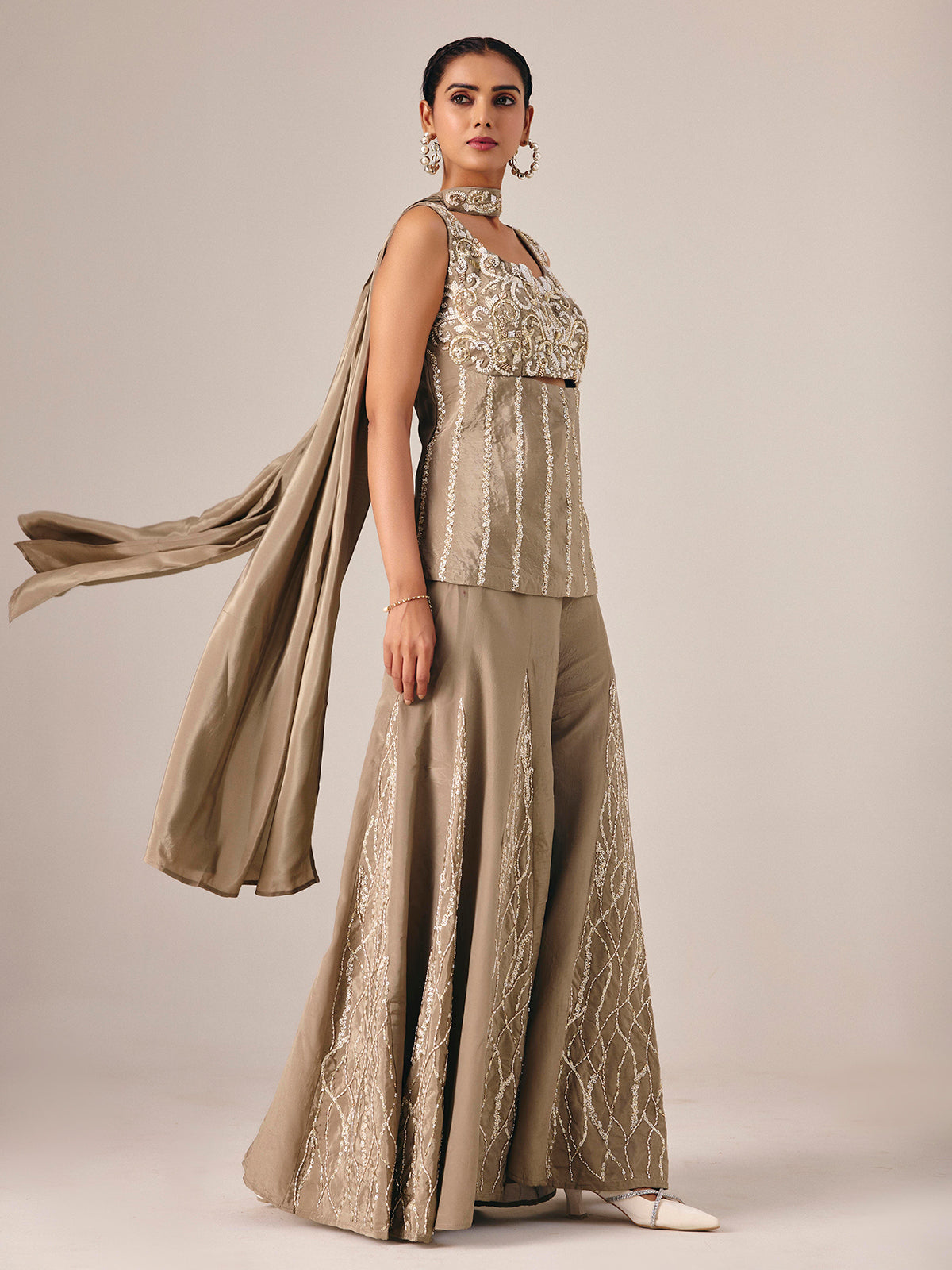 Dark beige chinon silk palazzo suit with embellishments