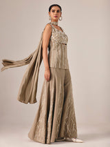Dark beige chinon silk palazzo suit with embellishments