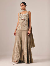 Dark beige chinon silk palazzo suit with embellishments