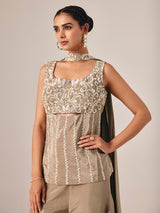 Dark beige chinon silk palazzo suit with embellishments