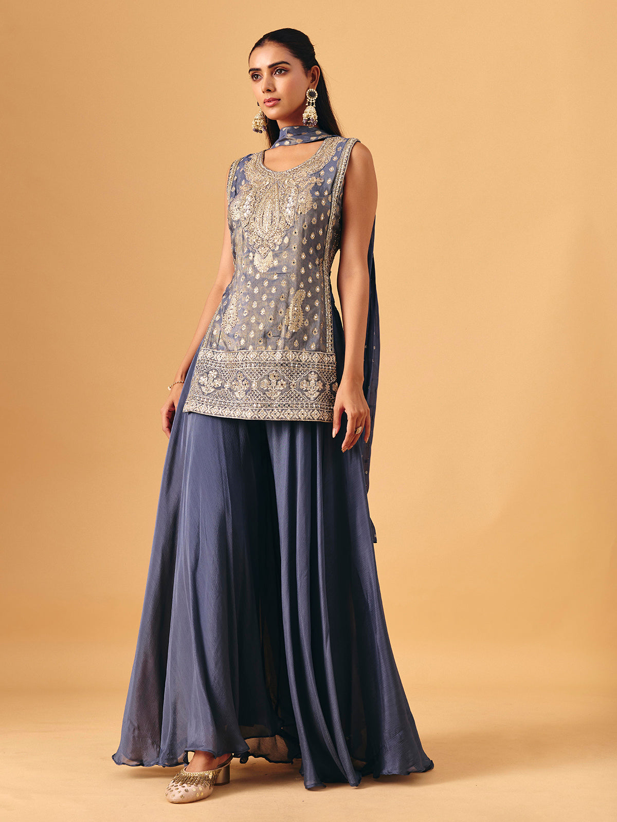 Grey chiffon georgette palazzo suit with zari embellishments