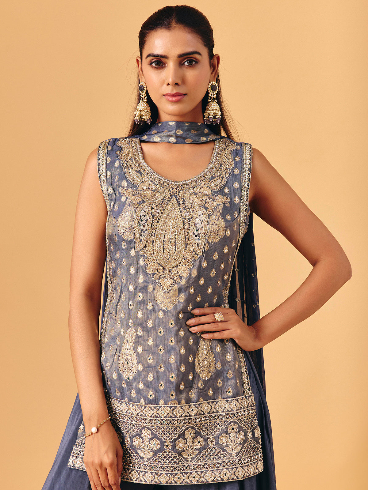 Grey chiffon georgette palazzo suit with zari embellishments